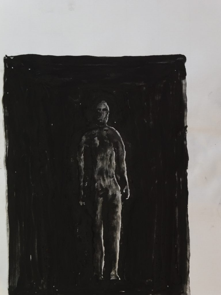 title: he is there. the real one dark man on dark background. watercolor on paper ca 20 x 30 cm
